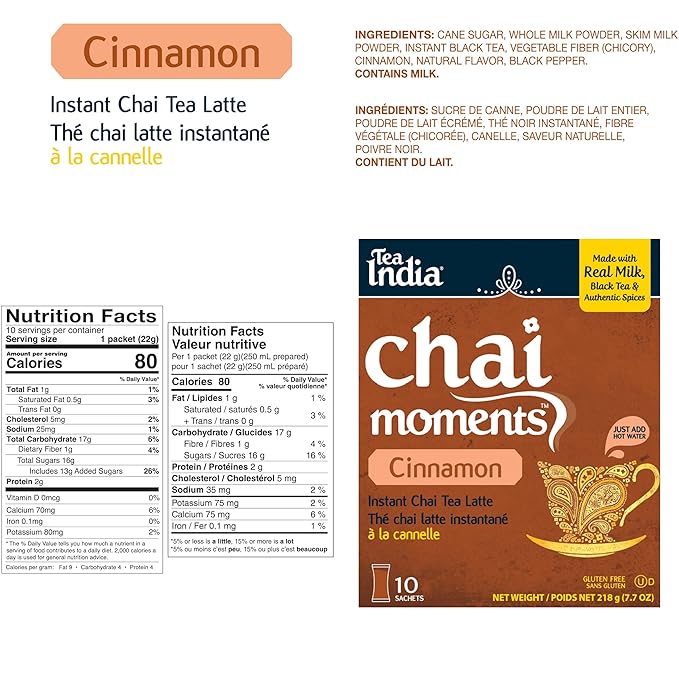 Tea India Chai Moments Cinnamon Chai Tea Instant Latte Mix Flavorful Blend Of Premium Black Tea Cinnamon &amp Natural Ingredients Traditional Indian Tea Individually wrapped 10 Sachets Pack of 6