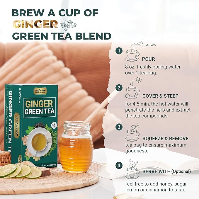 LeafLea Ginger Green Tea 120 Tea Bags Premium Green Tea Blend with Pure Ginger Root Supports Digestive Wellness Natural Flavor Low Caffeine Sugar-Free