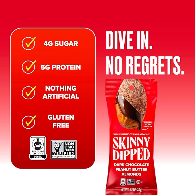 SkinnyDipped Dark Chocolate Peanut Butter Almonds Chocolate Covered Almonds Low Sugar Gluten Free Healthy Snack 1.2 Ounce Bags (Pack of 15)