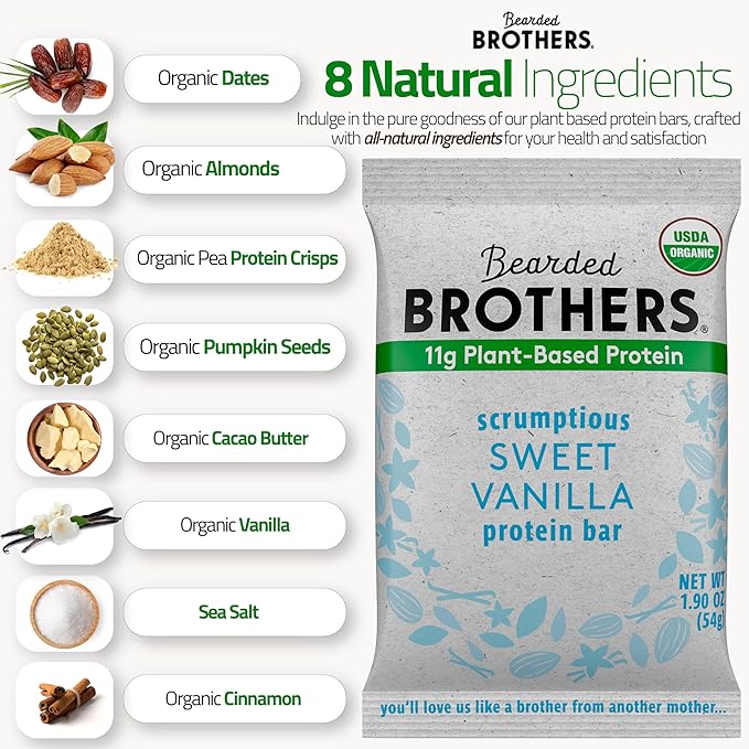 Bearded Brothers Organic Vegan Energy Bars - Gluten &amp Soy Free Paleo Whole 30 | Non GMO Low Glycemic High Protein Fiber (10 Pack Protein Variety)