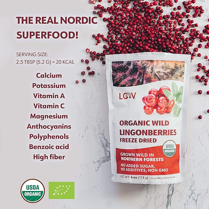 Organic Whole Lingonberries – Freeze-Dried Wild Nordic Superberry Traditional Scandinavian–Swedish Food – Pure 100% Natural Non-GMO &amp No Added Sugar – 4oz (34 Servings)
