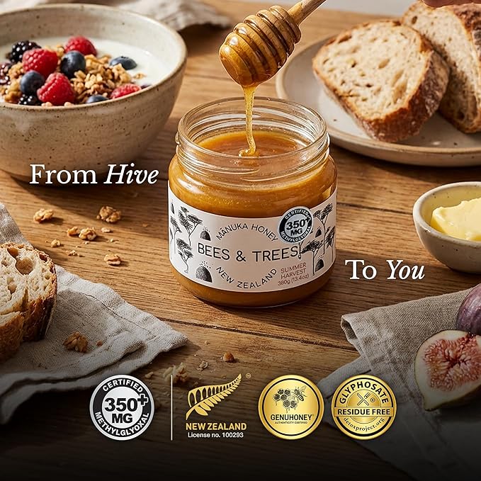 Bees &amp Trees Manuka Honey 350+ MGO - Raw Pure New Zealand Monofloral Honey – Unpasteurized &amp Natural Unfiltered Manuka for Tea Coffee Dressings Smoothies &amp Daily Use – Glass Jar 380g (