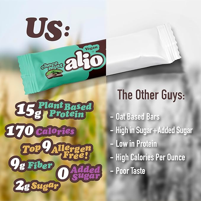 Alio Protein Bars - Choco Mint (12 Bars) – Free From The Top 9 Food Allergens High Protein Low-Calorie Vegan Gluten-Free Nut-Free Non-GMO Plant-Based Seed Oil Free Delicious &amp Healthy Sna