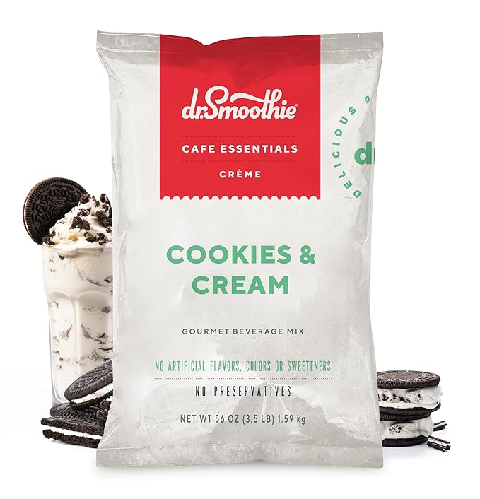 Dr. Smoothie Café Essentials Cookies &amp Cream – No Artificial Colors Flavors or Sweeteners – Shelf Stable – Caffeine-Free – Great for Hot Iced &amp Frozen Frappes (3.5 lb Bag 23 Servings)