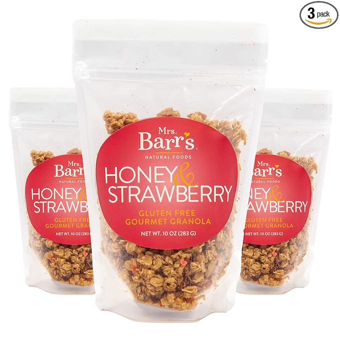 Mrs. Barr’s Natural Foods Granola | Honey &amp Strawberry | Certified Organic Gluten Free Oats | Soft Texture | Small Batch | Gourmet Quality | Real Ingredients | 10 Ounces (3 Pack)