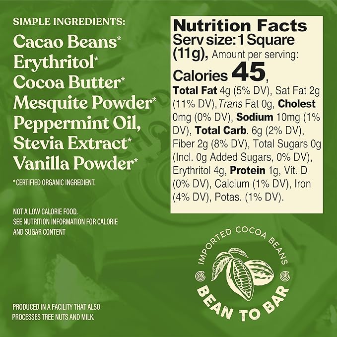 The Good Chocolate - Keto Mint Chocolate Squares Zero Sugar Lower Net Carb Snack Lower Calorie Vegan Chocolate Candy 24 Square Family Packs