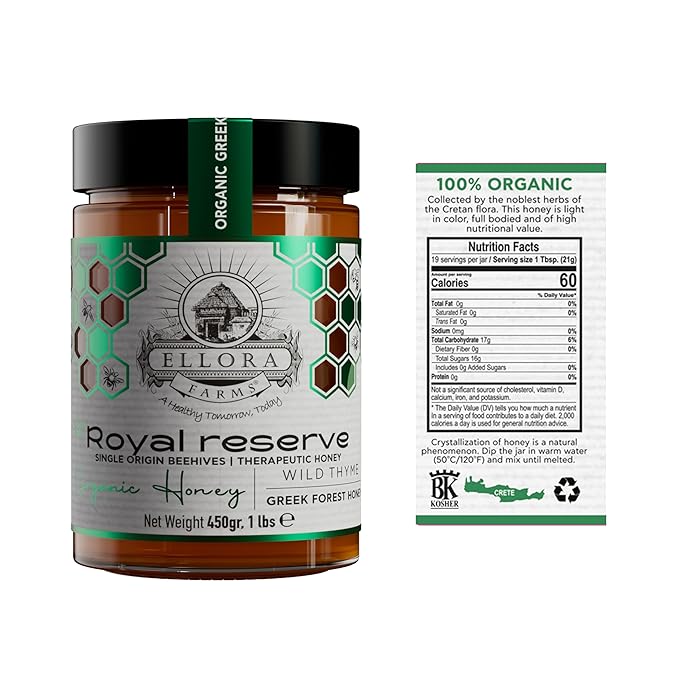 Ellora Farms Organic Honey Wild Thyme Raw Honey Greek Unfiltered Preservative and Additive Free Paris and Dubai Gold Awards Winner Gift Pack with Dipper - 450 g