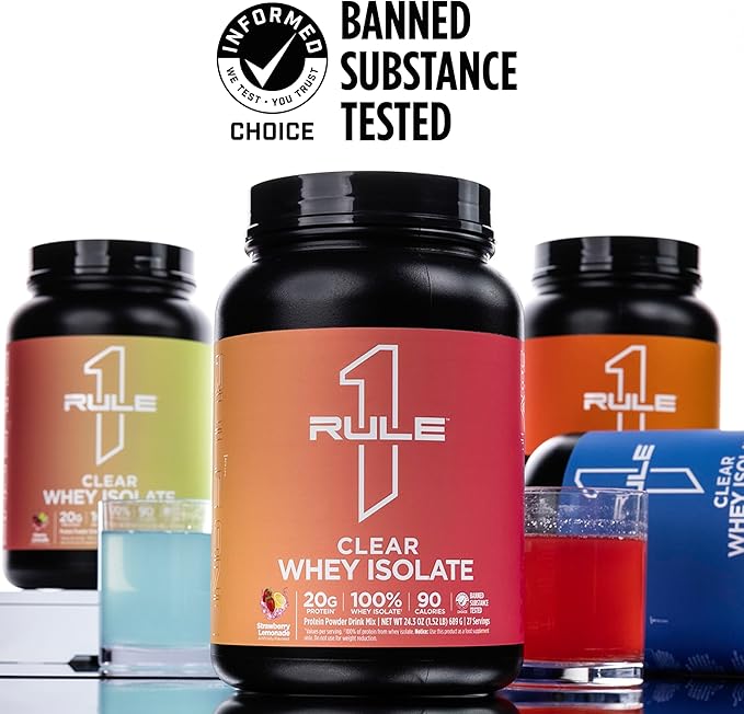 Rule 1 Proteins Clear Whey Isolate - 20g All-Whey Isolate Protein Mix Over 9g EAAs 90 Calories Zero Sugar Easy to Digest Light Crisp and Refreshing Taste (27 Servings Peach Mango)