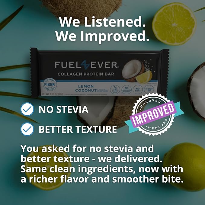 Fuel 4 Ever Collagen Protein Bars | 15G Protein Gluten Free Dairy Free No Stevia or Artificial Ingredients Added Sweetened with Honey | Lemon Coconut Flavor (Box of 12)