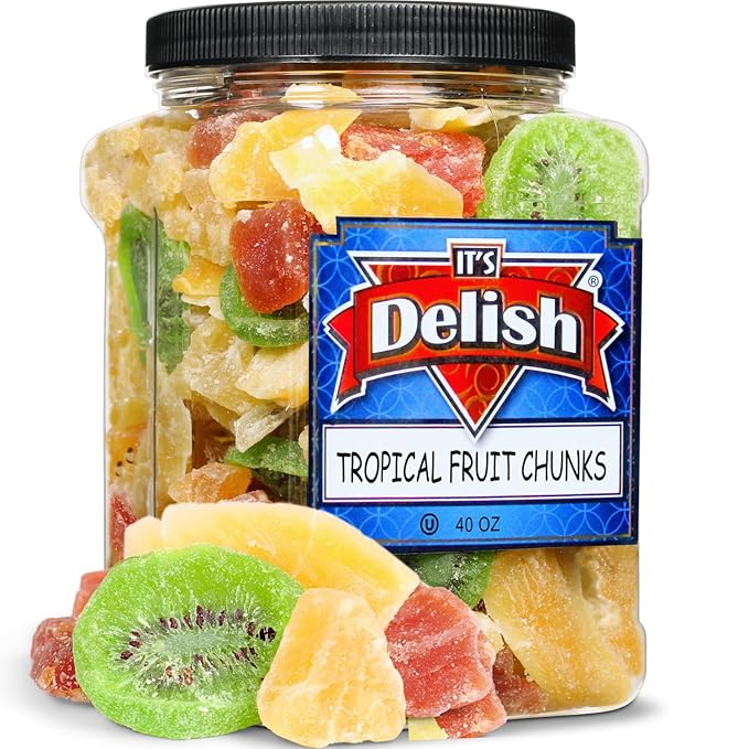 Tropical Dried Mixed Fruit Chunks - by Its Delish 40 OZ Jumbo Container | Healthy Snacks for Adults Kids | Fresh Snack Mix Dry Fruit | Pineapple Mango Papaya Kiwi Slices | Gluten Free Vegan Kosher