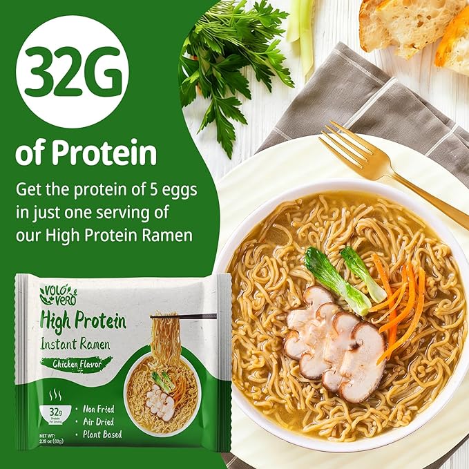 VOLO VERO High Protein (32g) Instant Ramen Chicken Flavor Noodles Soup Plant-Based Air-Dried Non-Fried Low Carb Egg-Free Ready to Eat Dairy Free Healthy Meal 8 Pack