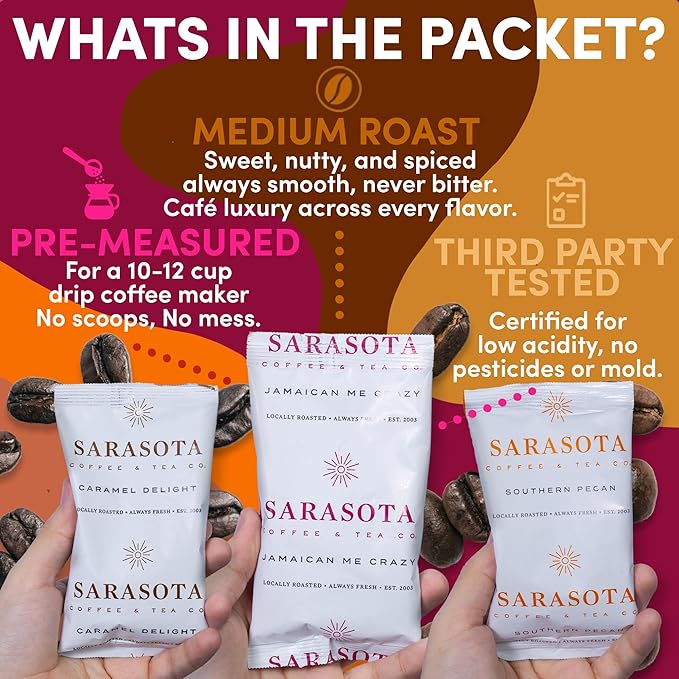 Coffee Gift Set Sampler – Flavored Ground Variety Pack | Medium Roast Low Acid Mold-Free Packets | Gourmet Pre-Measured 2oz Bags for 12 Cup Drip Makers 12-Count – Sarasota