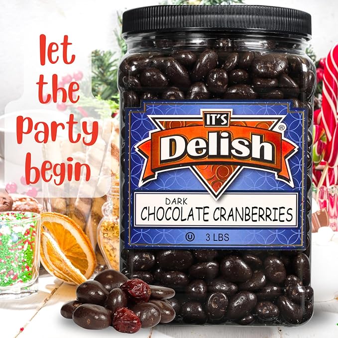 Dark Chocolate Covered Cranberries by Its Delish 3 LBS Jumbo Container | Gourmet Dark Chocolate Cranberries Healthy Snacks Chocolate Fruit | USA Made Vegan Kosher