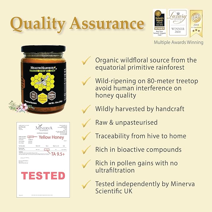 Tualang Yellow Honey 1.8oz (TA 9.5+ Pollen Count 2.4M+ Pollen Variety 100+) Mild Choice for Kids Growth Wild-ripening on 250ft Treetop Raw Unpasteurised Unfiltered