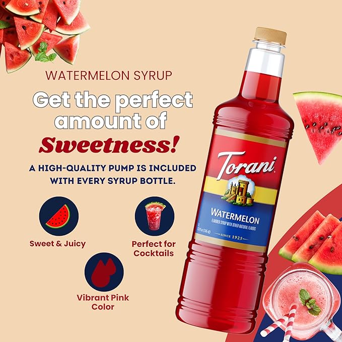 Torani Watermelon Syrup 1 Liter with Pump – Juicy Summer Flavoring for Drinks Cocktails &amp Mocktails – Pure Cane Sugar Natural Flavors BPA-Free Bottle – Refreshing Beverage Syrup