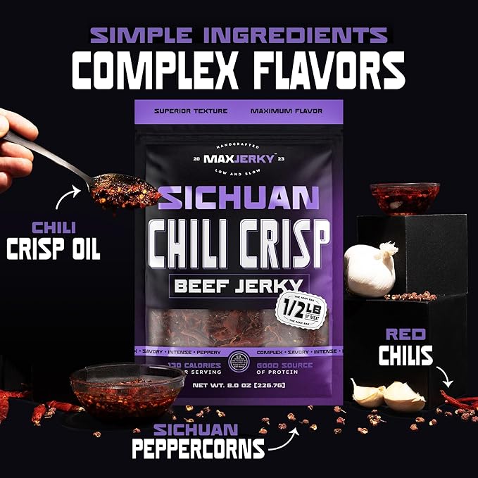 MaxJerky Sichuan Chili Crisp Beef Jerky 104 Grams of Protein 8 OZ (2 Pack)