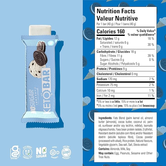 No Sugar Keto Bar Snack - Low Carb No Sugar Keto Snack Food with Keto Friendly Macros (12 x 1.41oz Bars Cookies and Cream)