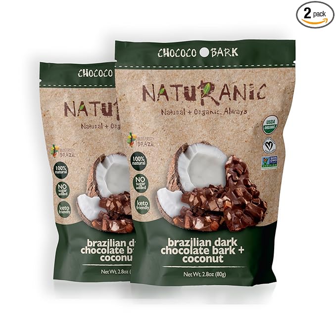 Naturanic Brazilian Dark Chocolate with Crunchy Coconut Chunks - Sugar Free Keto Friendly Vegan All Natural Organic Non GMO Gluten Free - Pack of 2