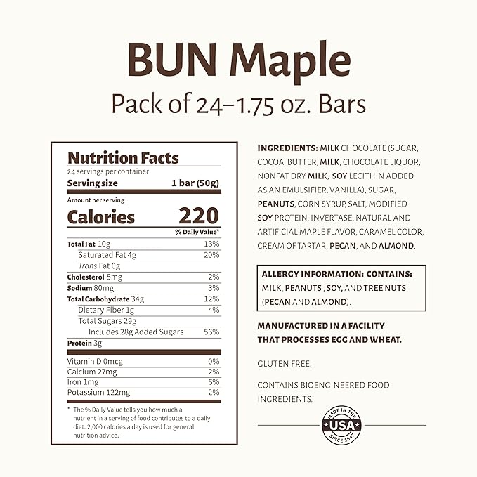 Pearson's Maple BUN Cluster Bar | Roasted Peanuts Real Milk Chocolate and Maple Nougat | Pack of 24 |Individually Wrapped