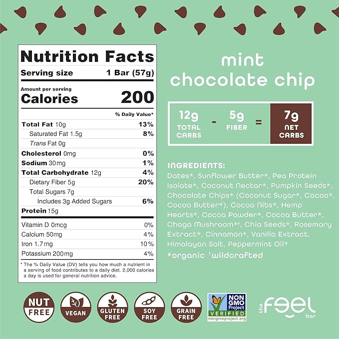 Feel Vegan Protein Bars Mint Chocolate Chip Keto Gluten Free Organic Chaga Mushroom 15g Plant Protein Low Carb High Protein Dairy Free Low Sugar Grain Free Nut Free Soy Free