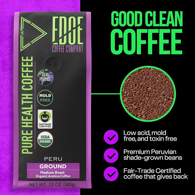 Mold Free Pure Health Coffee - Organic Fair Trade Specialty Grade Low Acid Clean Coffee 12oz (Ground)