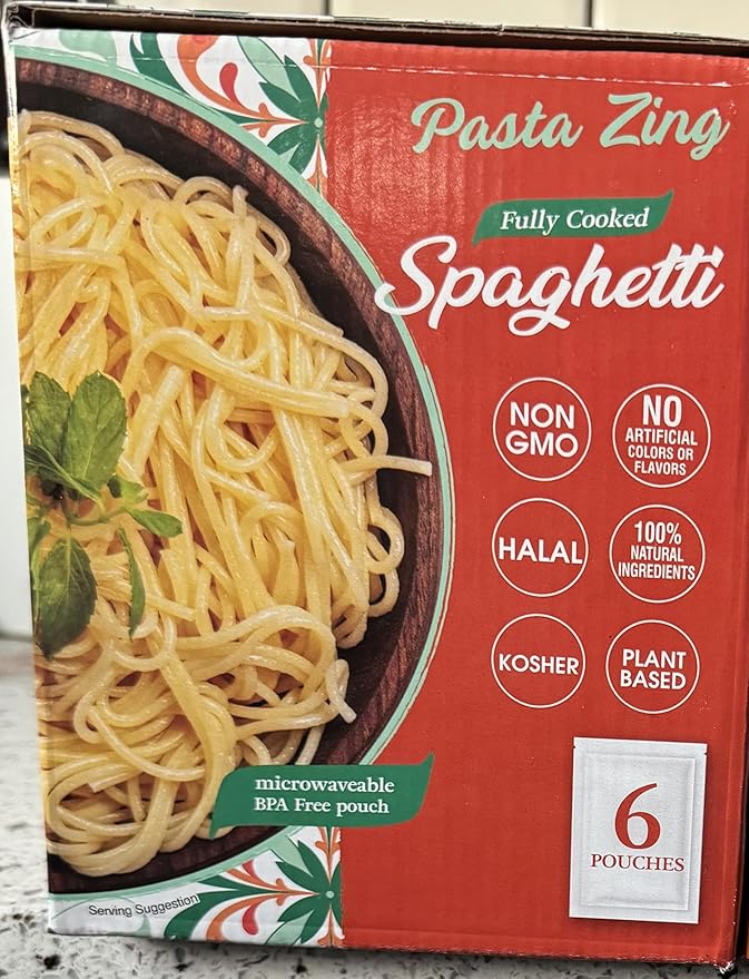 Fully Cooked Spaghetti Pasta Ready in 1 Minute Microwaveable BPA Free Pouch Non-GMO Halal Kosher Plant Based 7.05 oz 6 Pack