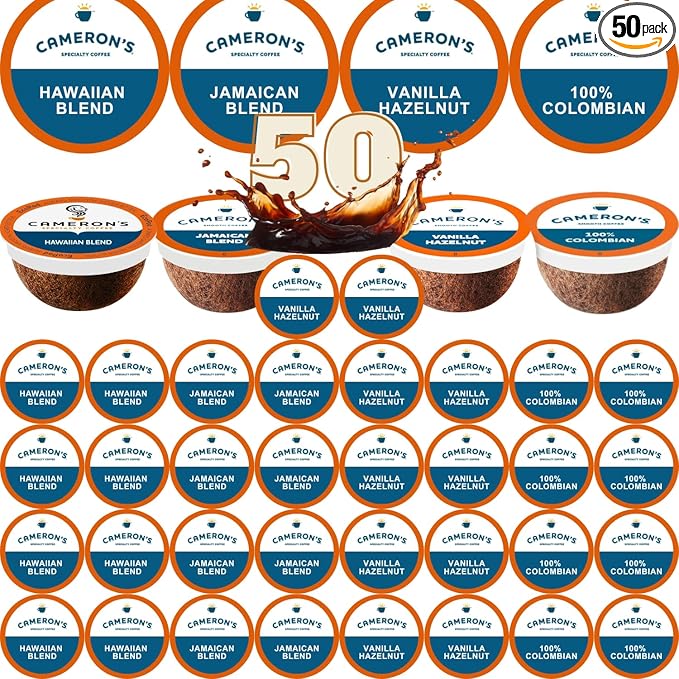 50-count single-cup coffee pack sampler for Keurig K-Cup Brewers Variety of Cameron's flavors Jamaican Blend Hawaiian 100% Colombian and Vanilla Hazelnut Packaged by Brightest Place Compatible with