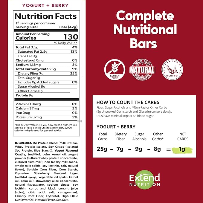 Extend Nutrition 1 Gram Sugar High Protein Bars Perfect Diabetic Snacks for Adults and Kids High Protein Bars for Hunger Control &amp Steady Energy Low Carb Keto Friendly Yogurt and Berry 24 Co