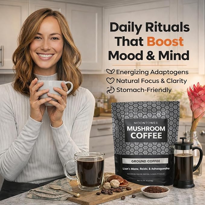 Moontower Adaptogen Mushroom Coffee Ground - Organic Mushroom Coffee with Lion's Mane Reishi &amp Ashwagandha Medium Roast Nicaraguan Beans for Focus &amp Clarity Energizing Balanced Brew - 35 oz