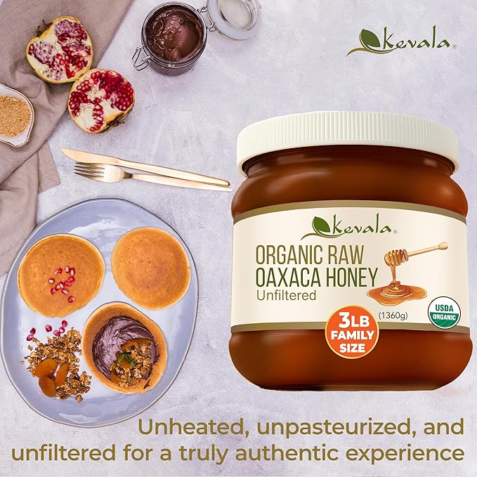 Kevala Organic Raw Oaxaca Honey - Naturally Nutritious Golden Honey Packed with Vitamins and Antioxidants Pure Sweetener for Meals and Drinks With No Pesticides or Other Additives 3 lb