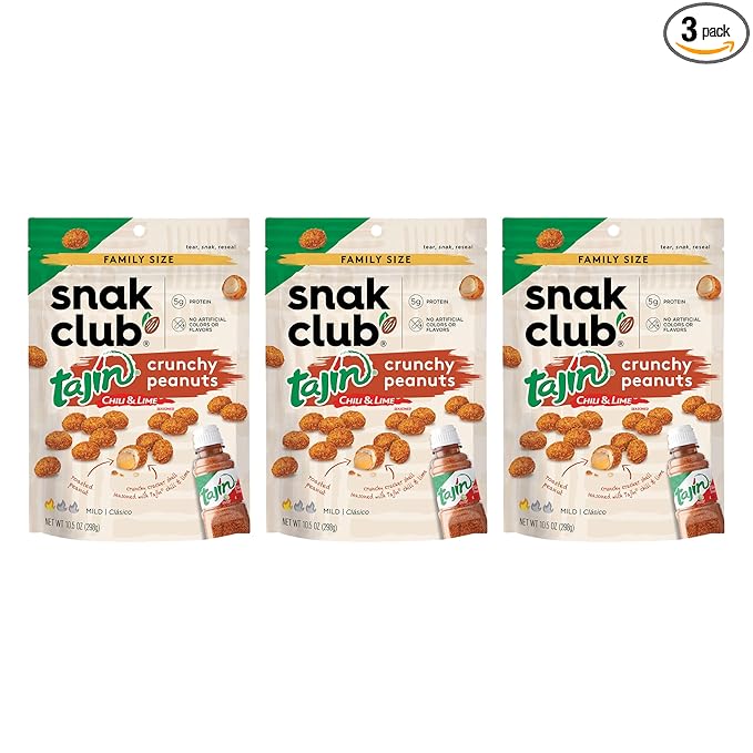 Snak Club Tajin Crunchy Peanuts Nuts with Chili and Lime Seasoning Mild No Artificial Colors or Flavors 10.5 oz Resealable Bags 3 Pack