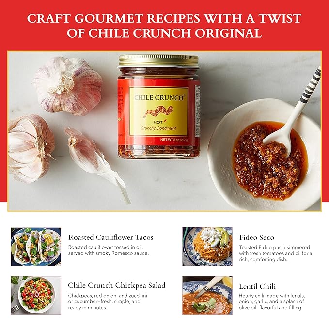CHILE CRUNCH - Hot Spicy Crunchy Condiment - All Natural Roasted Chili Peppers Garlic &amp Onion Crisp Sauce - Vegan Gluten-Free No Preservatives - Homemade Authentic Mexican Recipe 5.5oz (2 Pack)