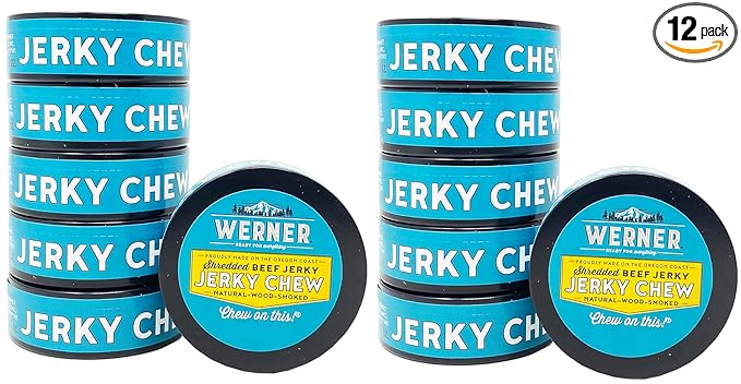 Werner Beef Jerky Chew - Premium Tender Beef Shredded and Mixed with Fresh Spices - .32 Ounce Each Can - 12 Cans Total
