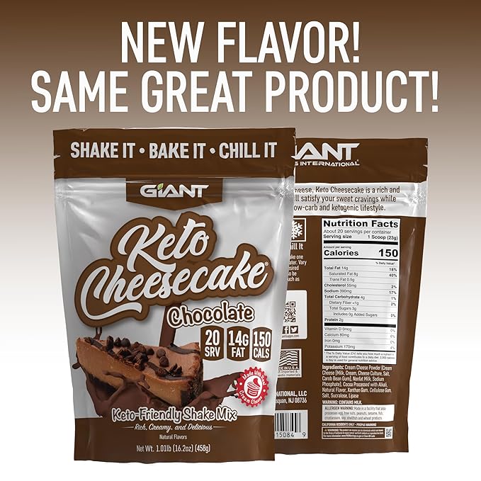 Giant Sports Keto Cheesecake Shake Mix - Delicious Low Carb Ketogenic Diet Gluten Free Powder Mix - Works Great with Almond Milk - Chocolate (20 Serving Bag)