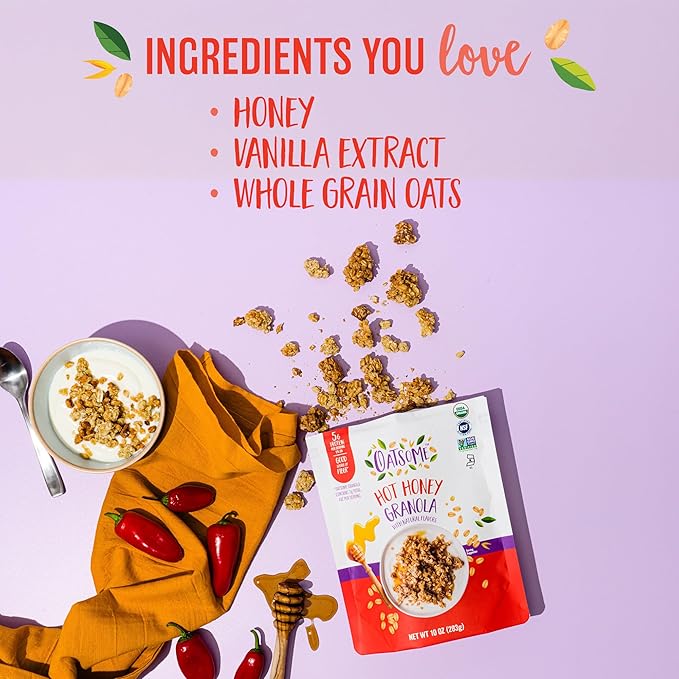 Oatsome Hot Honey Granola 5g Protein Gluten Free Made with Real Honey Whole Grain Organic Oats &amp Chili Pepper Flavor for Protein Snacks Cereals Breakfast Yogurt 10 Oz Bag (Pack of 4)