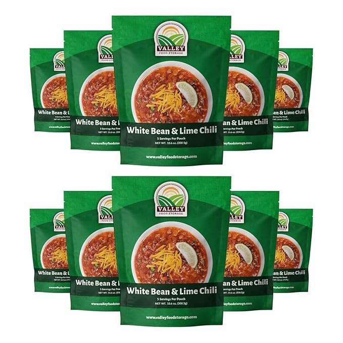 Valley Food Storage White Bean &amp Lime Chili | 10-Bag Bucket 50 Servings | Premium Emergency Food Supply 25 Year Shelf Life | Survival Meal Kits Prepper Food &amp Off-Grid Living Supplies Pack