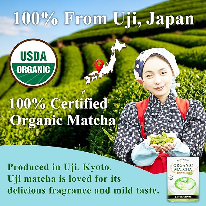 RICHA MATCHA – Organic Latte Grade Japanese Matcha Powder – Uji Matcha Green Tea from Kyoto Japan – First Harvest – Perfect for Matcha Latte Iced Drinks Smoothies &amp Baking – Smooth &amp Vibran