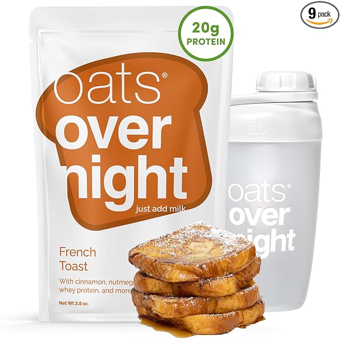 Oats Overnight French Toast - Overnight Oats with 20g Whey Protein High Fiber Breakfast Protein Shake - Gluten Free Oatmeal Non GMO High Protein Oatmeal (2.7 oz per Meal) (8 Pack + Bottle)