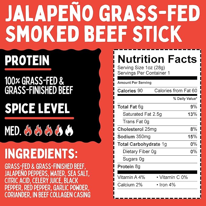 No Sugar Variety 100% Grass-fed/finished Non-GMO Beef Sticks. No Added Nitrates Gluten Soy MSG Dairy or Nuts. Keto Whole &amp Paleo. (8 Original 8 Chimichurri 8 Jalapeno 24-Cnt 1-oz Sticks