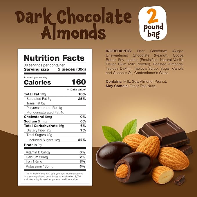 Dark Chocolate Almonds - 2 Pound Bulk Pack - Whole Dry Roasted Dark Chocolate Covered Almonds - Candy for Office Buffets Snacking &amp Gifting - Classic Coated Nuts