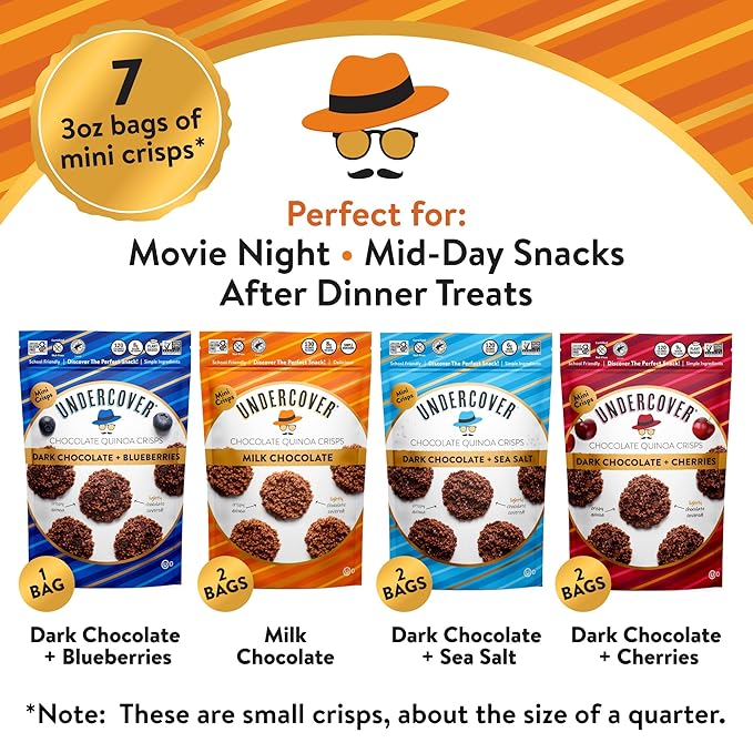 Undercover Snacks Chocolate Quinoa Crisps - Variety Sampler Pack | 7-Pack 3oz Bags of Mini Crisps | Gluten Free Nut-Free Allergen Friendly Kosher