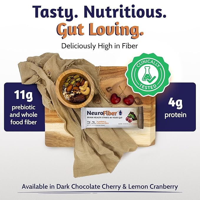 NeuroFiber Prebiotic Fiber Bars – Gut Health Constipation Relief &amp Brain Function Support – Plant-Based Gluten Free Vegan (Dark Chocolate Cherry - 14 Bars)