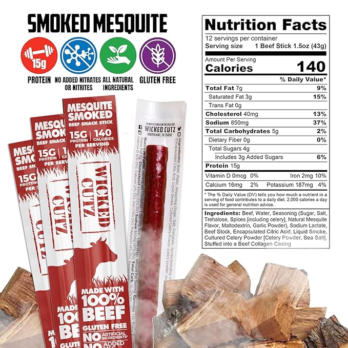 Wicked Cutz Beef Sticks Variety Pack | 4 Flavors up to 15g Protein Per Meat Stick | Extra Large Tender Easy to Chew USA Made High Protein Carnivore Snacks | Unique Gifts for Men (48 Pack)