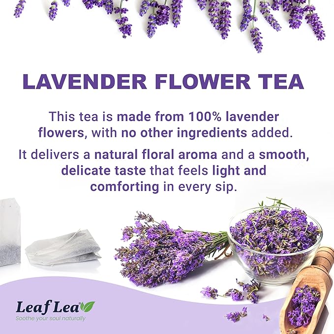 LeafLea 80 Premium Lavender Tea Bags 100% Natural &amp Pure from Lavender Flowers Nighttime Comfort &amp Digestive Support Floral Aroma and Smooth Taste Caffeine-Free Sugar-Free Individually W