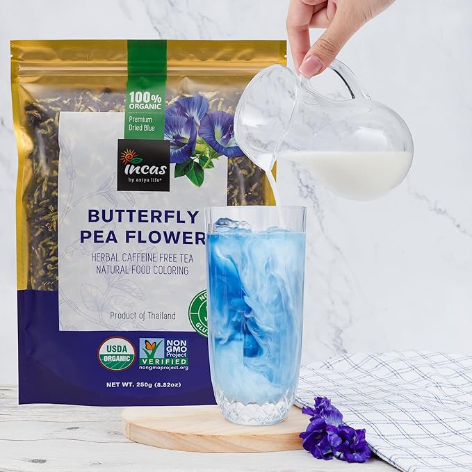 INCAS 100% USDA Organic Butterfly Pea Flower 8.82 oz (750+ Cups) DIRECT FROM SOURCE Thailand Non GMO Verified Dried Caffeine Free Gluten Free Vegan Rich in Antioxidants Free eBook (250Gram)