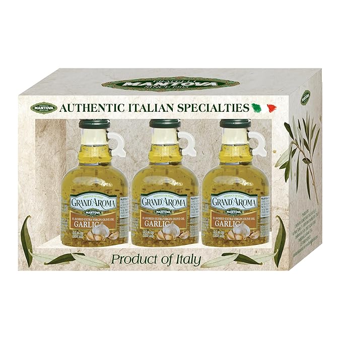 Grand'aroma Garlic Extra Virgin Olive Oil 8.5-Ounce Bottles (Pack of 3)