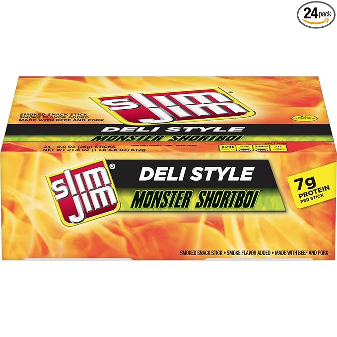 Slim Jim Monster Shortboi Smoked Meat Sticks Deli Style Original Flavor 7g Protein Per Stick Snack Size Easter Basket Stuffer for Men 0.9 oz. (24 Count)