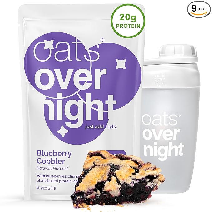 Oats Overnight - Blueberry Cobbler - Vegan 20g Protein High Fiber Breakfast Shake - Gluten Free Non GMO Oatmeal (2.5 oz per meal) (8 Pack + Shaker Bottle)