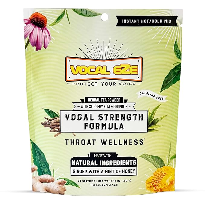 Vocal Eze Herbal Throat Coat Tea | 24 Servings | 9 Botanical Voice Soothing Ingredients | Ginger Flavor with Slippery Elm and Propolis Powder Blend | Voice Cough and Respiratory Support | 60 g