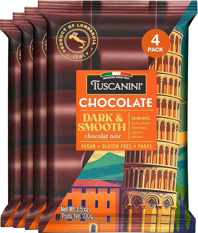 Tuscanini Italian Chocolate Bar Dark &amp Smooth 3.5oz (4 Pack) | Imported from Italy | Vegan Gluten Free | Dairy Free | Rich Dark Chocolate with Hazelnut &amp Vanilla | Gourmet European Chocolat